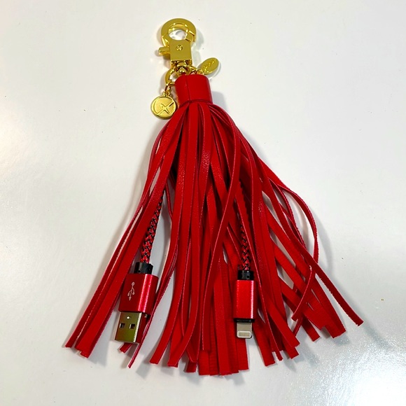 Red and gold tone metal tassel key ring holder with USB cord cable - Picture 1 of 4